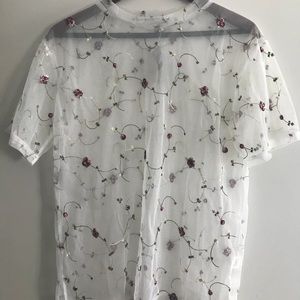 White Mesh Floral Oversized Top